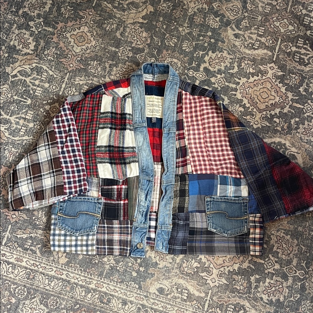 Cute patchwork top! Hand sewn from recycled denim & flannel